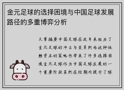 金元足球的选择困境与中国足球发展路径的多重博弈分析 金元足球的选择困境与中国足球发展路径的多重博弈分析