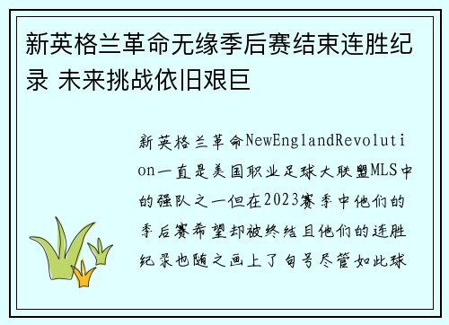 新英格兰革命无缘季后赛结束连胜纪录 未来挑战依旧艰巨