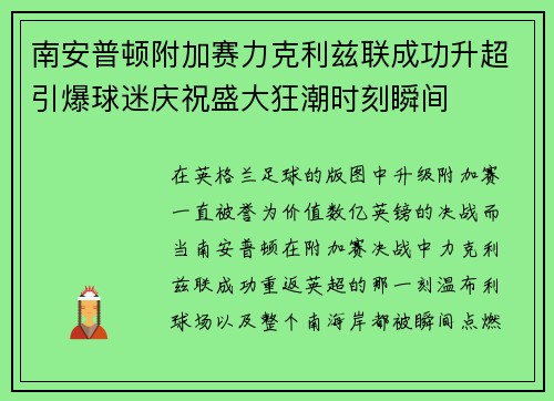 南安普顿附加赛力克利兹联成功升超引爆球迷庆祝盛大狂潮时刻瞬间